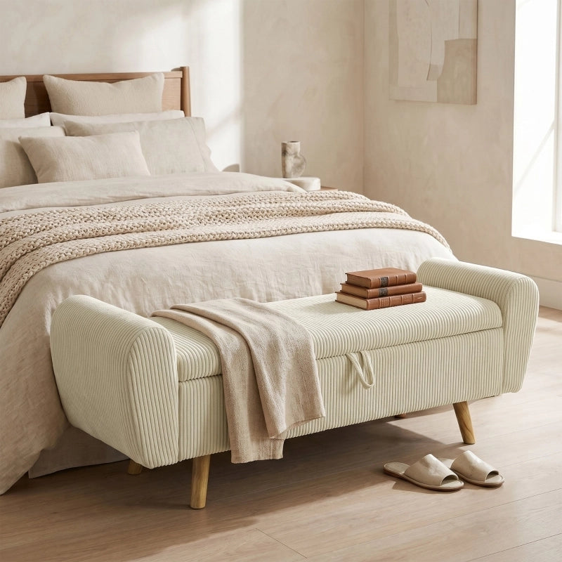 Panca contenitore in velluto a coste con braccioli arrotondati e piedini in legno beige per camera da letto 150 cm