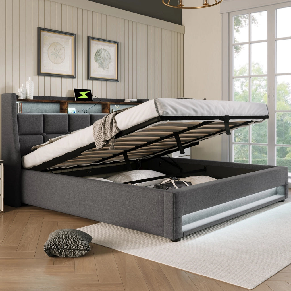 Letto imbottito grigio 140x200 cm con LED, USB e contenitore