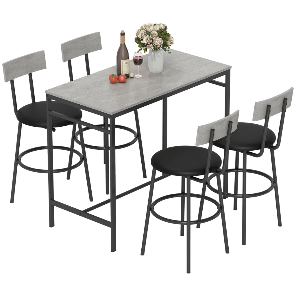Set Tavolo da Bar e 4 Sgabelli con Schienale ¨C zephmum ¨C Grigio Cemento, Stile Industriale