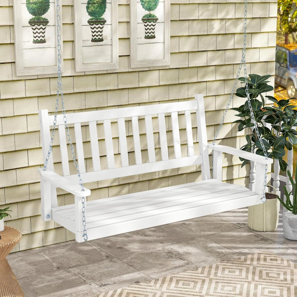 Altalena da Giardino in Legno per 2 Persone, Panchina Sospese in Legno con Capacità di Peso di 230 kg, Sedia a Dondolo per Giardino, Cortile (Bianco, 136 x 67 x 63 cm)