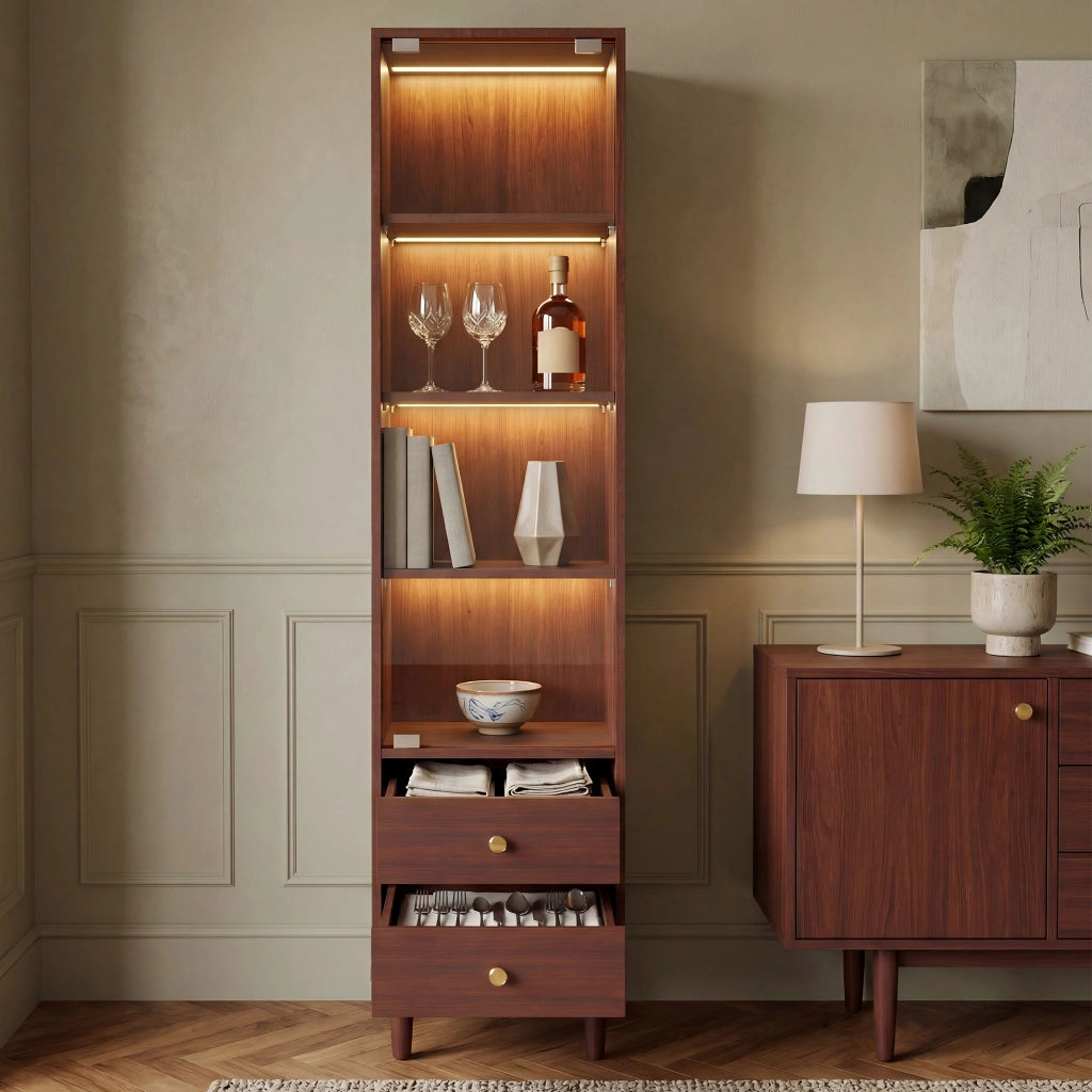 Vetrina con LED e porta in vetro, 4 ripiani e 2 cassetti, per soggiorno, in MDF e vetro, marrone, 40 × 35 × 165 cm