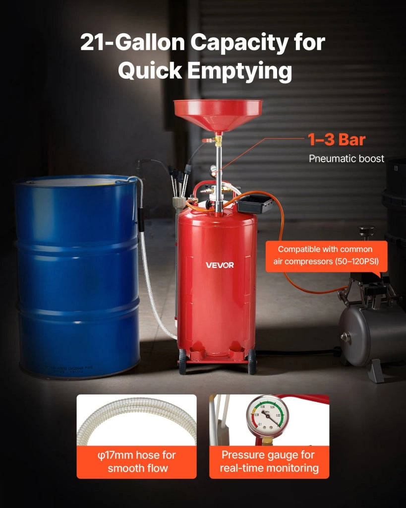 Scaricatore Olio Esausto Pneumatico FF-6294 Serbatoio 79,5 L con Ruote Imbuto Regolabile per Officina e Garage