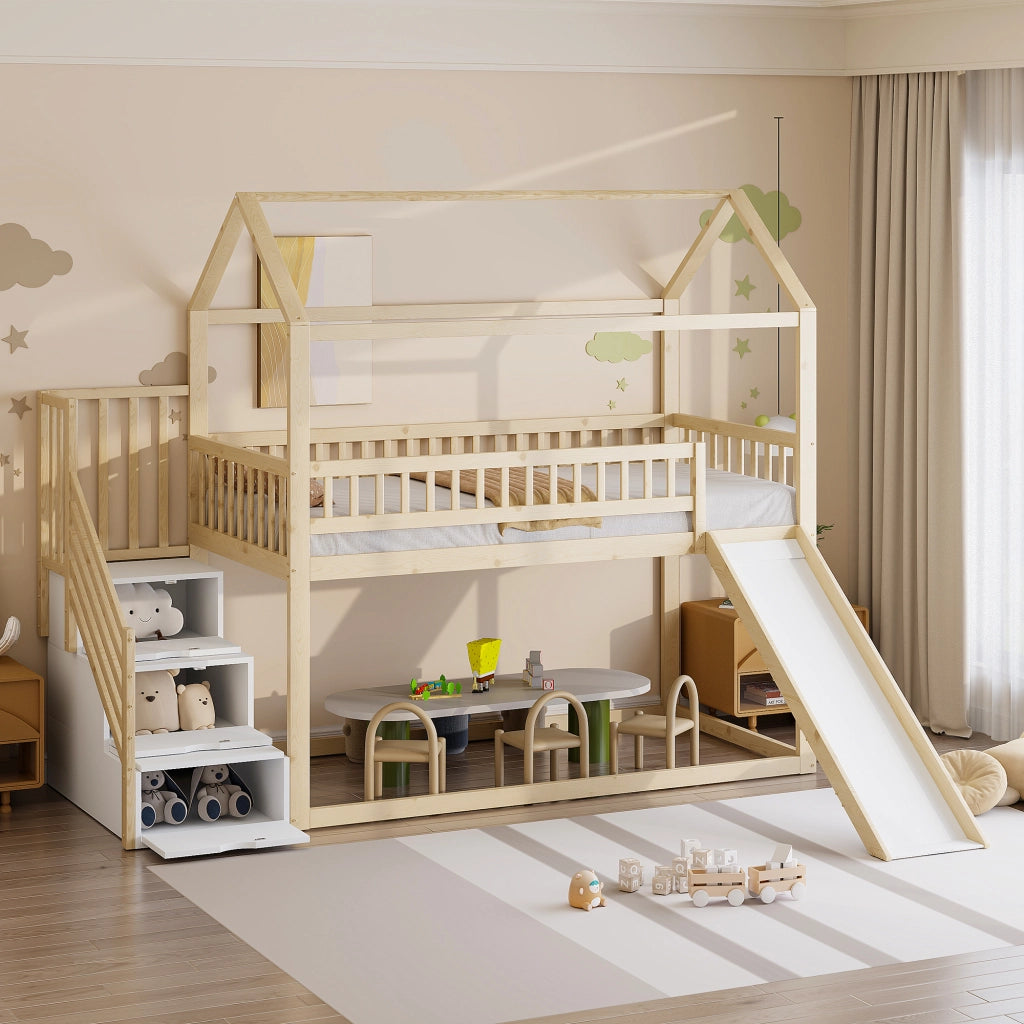 LETTO a soppalco per bambini con scivolo e scala contenitore 90x200 cm legno