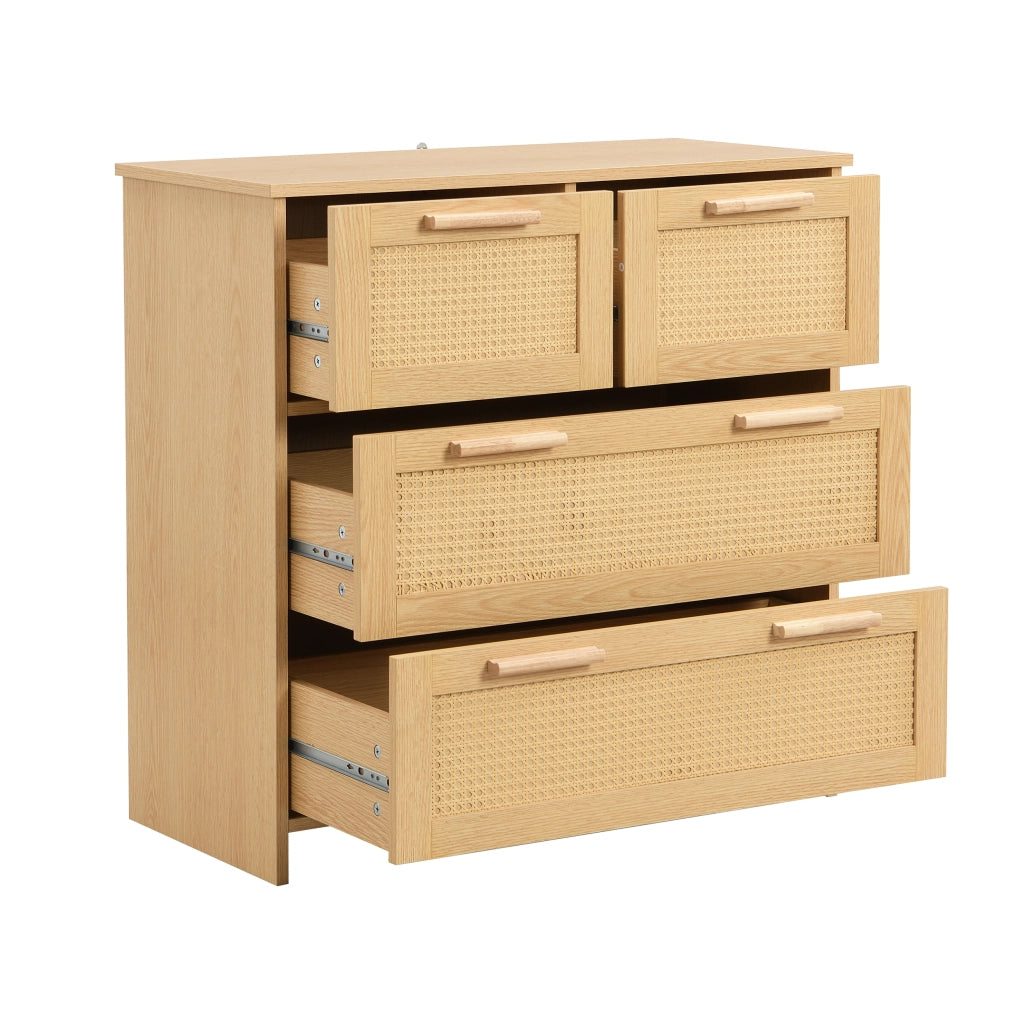 OKWISH Comò in Rattan con 4 Cassetti e Dispositivo Antiribaltamento, per Camera o Ingresso, MDF, Naturale, 80 × 38 × 80 cm