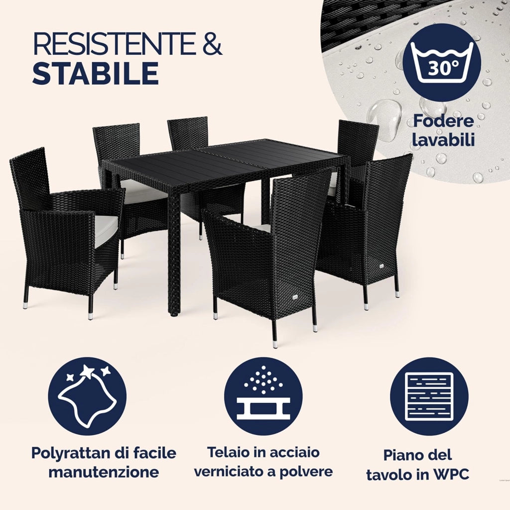 ® Set Mobili da Pranzo da Giardino in Polyrattan 6 Sedie Impilabili Tavolo 150x90cm in WPC Legno Resistente da Terrazza Esterno Nero