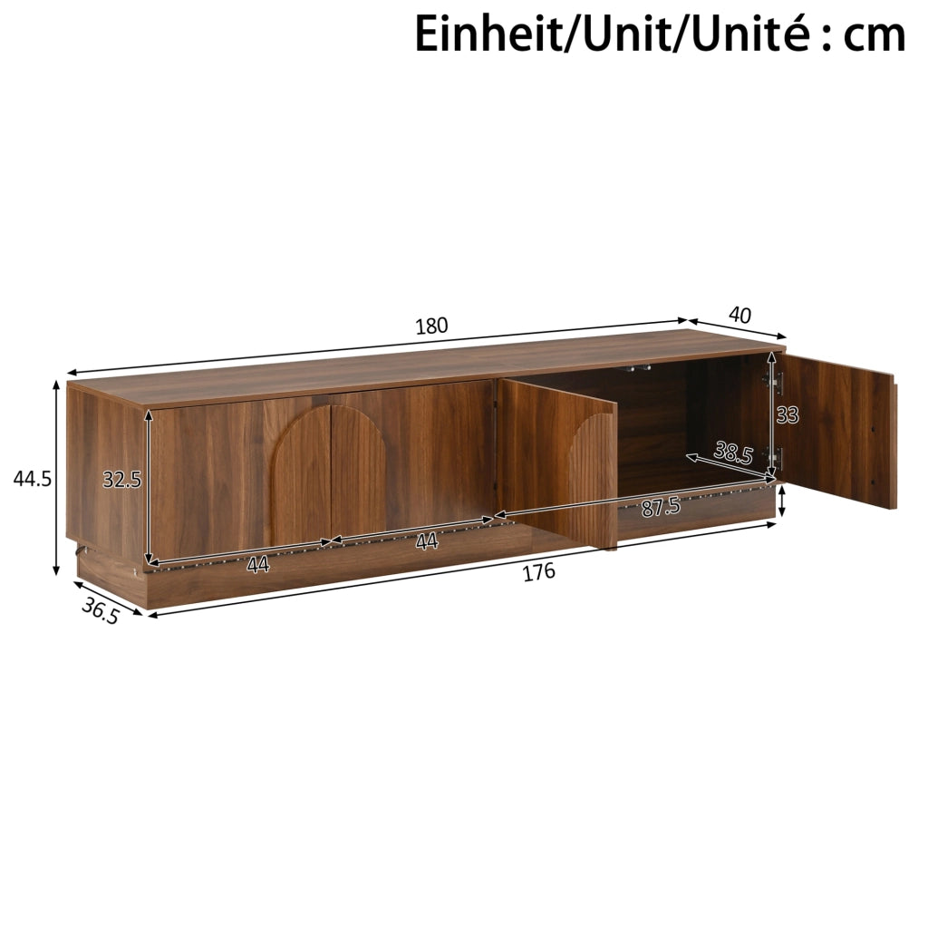 Mobile TV 180x40x44.5 cm con porte push-to-open; LED multicolore; MDF e metallo; noce