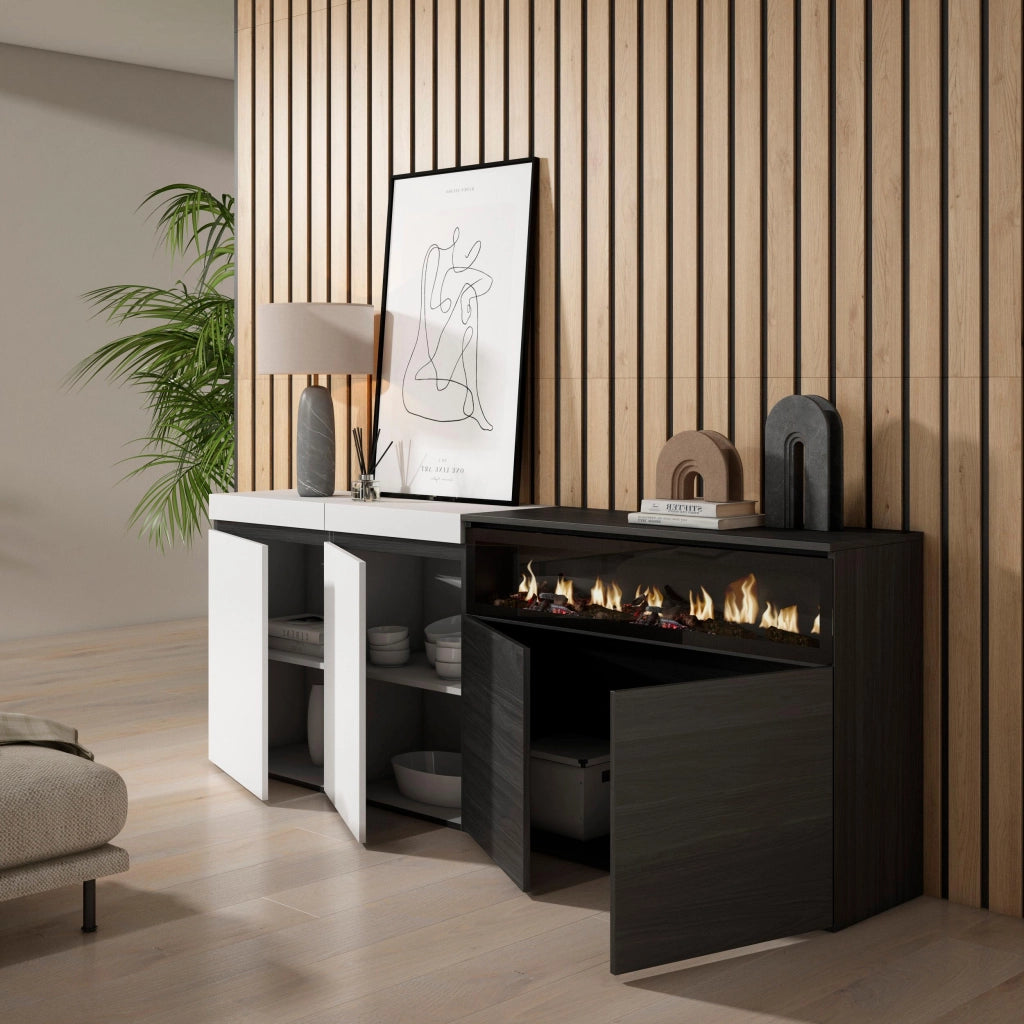Credenza, Mobile, 200x35x75cm, 4 Porte, Camino elettrico, Bianco e nero RF2397