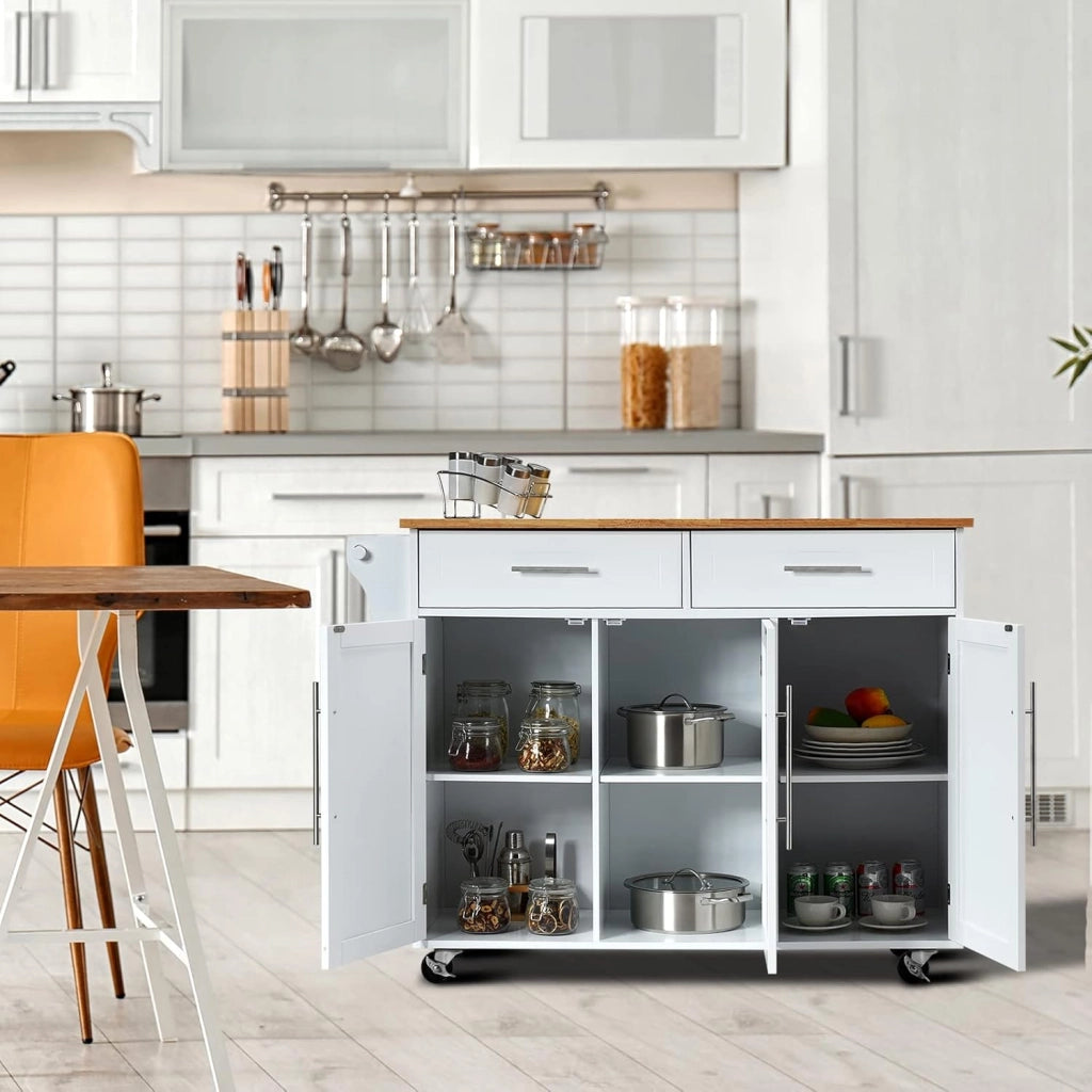 Carrello da Cucina in Legno, Credenza con Ruote, Armadietto Autoportante, Piano in Legno di Gomma, 2 Portaoggetti, 2 Cassetti, 3 Ante, 4 Ruote, per Sistemazione, Bianco, 122x46x92,3 cm
