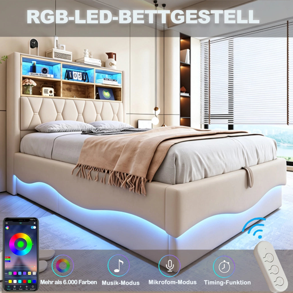 Letto matrimoniale contenitore 140x200 cm con LED tramite App; rete in metallo; USB e vano contenitore; lino beige