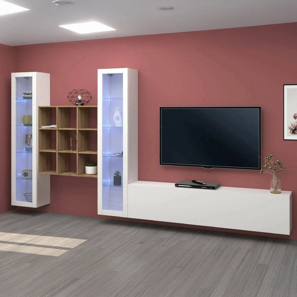 Mobile Soggiorno Atella, Parete Attrezzata 18 Ripiani Made in Italy, 350x30x180h cm Bianco Lucido