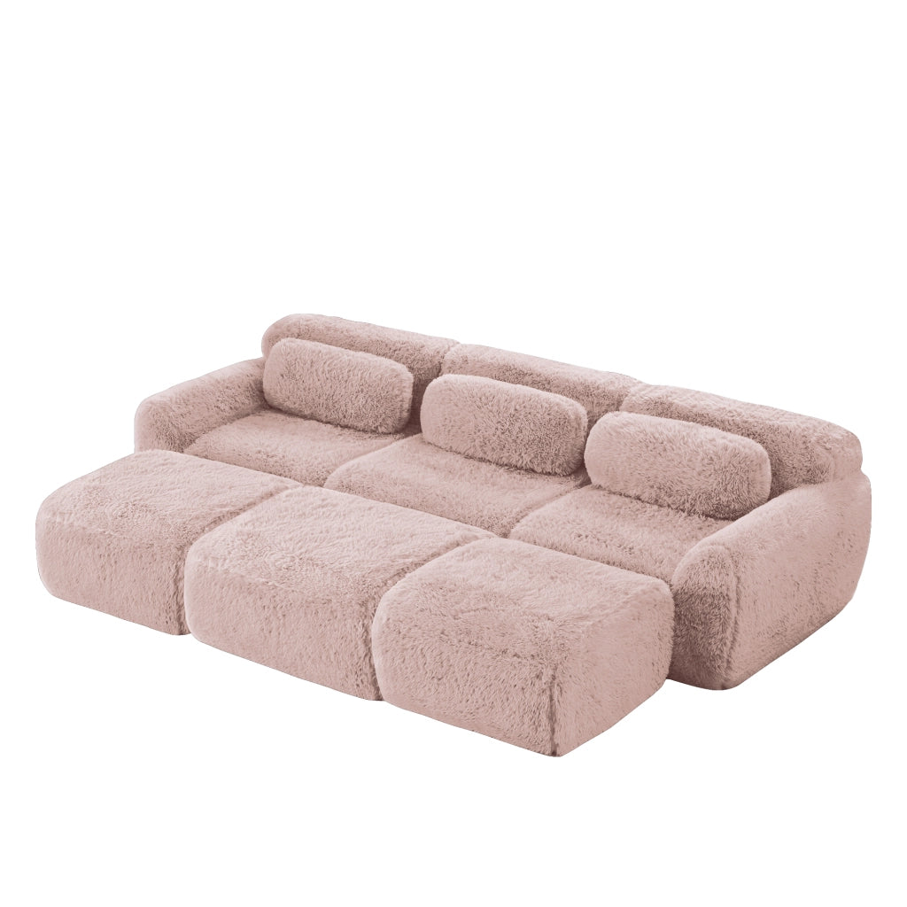 Divano modulare rosa - Zephmum - Tessuto morbido peluche, 3 posti con 3 pouf
