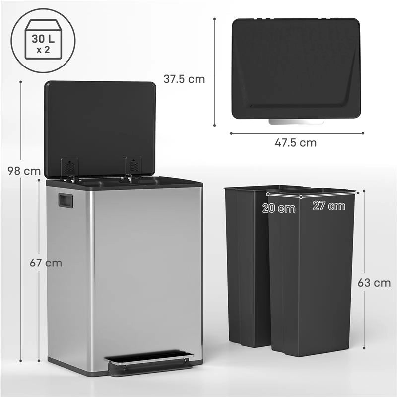 PATTUMIERA A PEDALE CON 2 SCOMPARTI DA 30L, COPERCHIO AMMORTIZZATO E SECCHI RIMOVIBILI, ACCIAIO INOX, ARGENTO