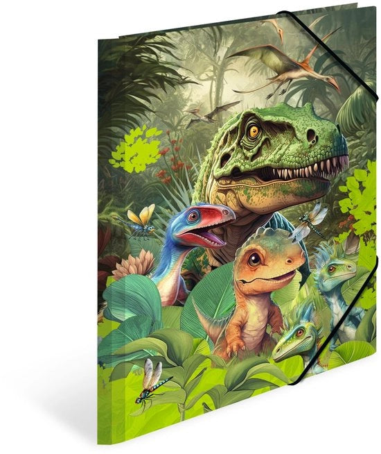 Set di cartelle A4 Dinosauri, 3 pezzi, cartelle per bambini con motivi di dinosauri, elastico, inserti interni e stampa interna per ragazzi e ragazze