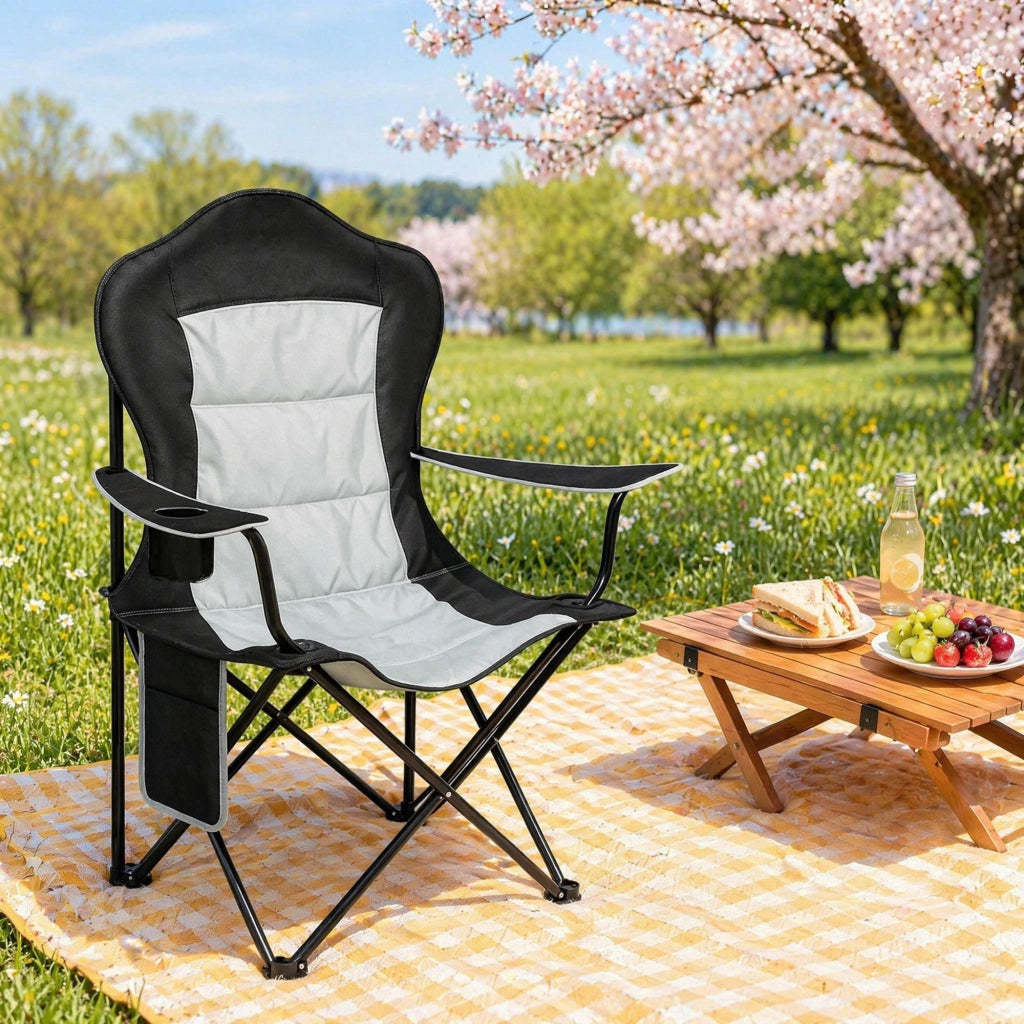 Sedia da campeggio pieghevole in Oxford 600D con portabicchieri e tasca laterale, 84x110x62 cm