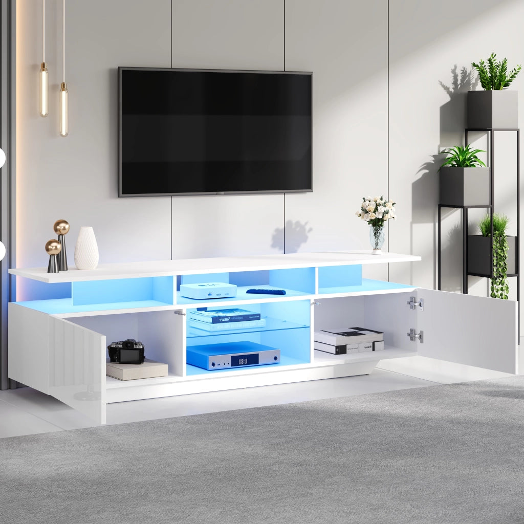 Mobile porta TV con 2 armadietti, LED controllato da app, ripiani in vetro temperato, MDF bianco 160 × 40 × 45 cm