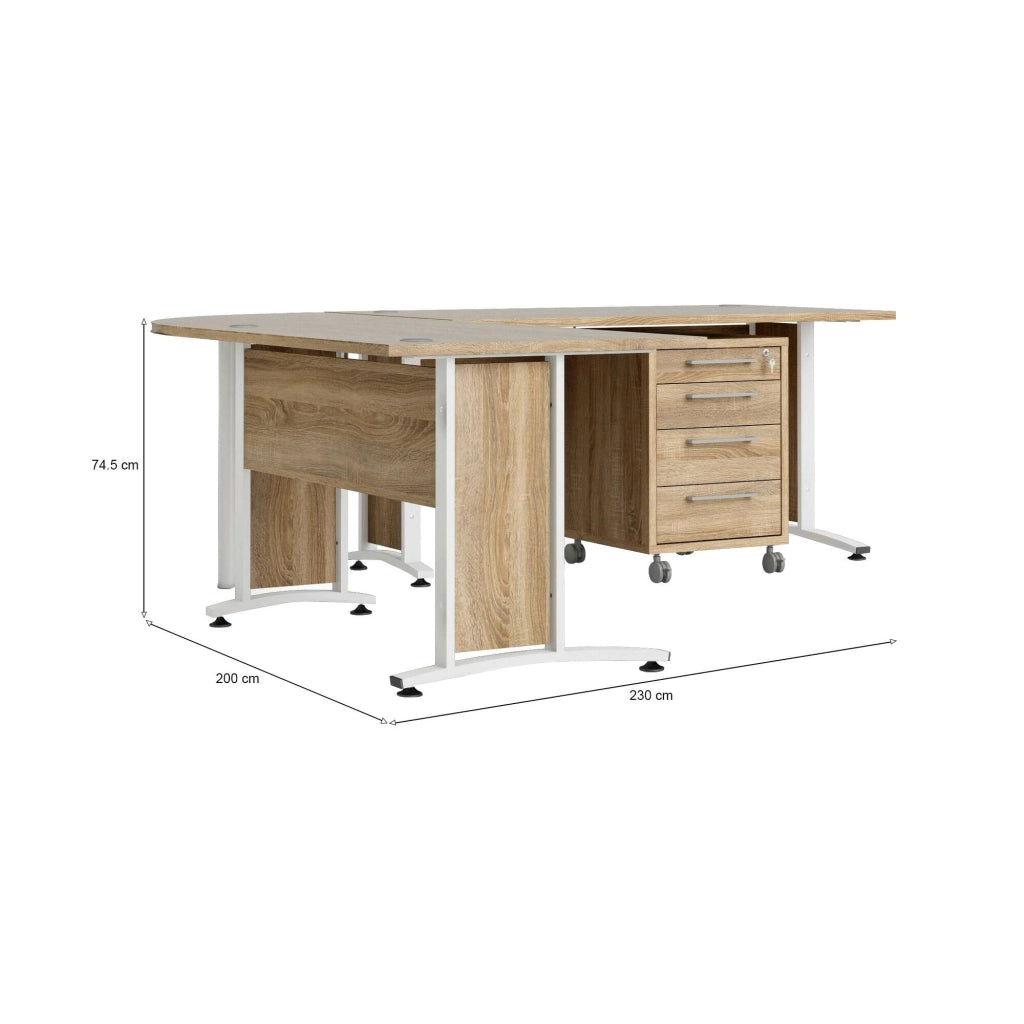 Scrivania Megh, Scrittoio multiuso, Tavolo per ufficio porta PC, Piano di lavoro, 230x200 h75 cm, Quercia e Bianco
