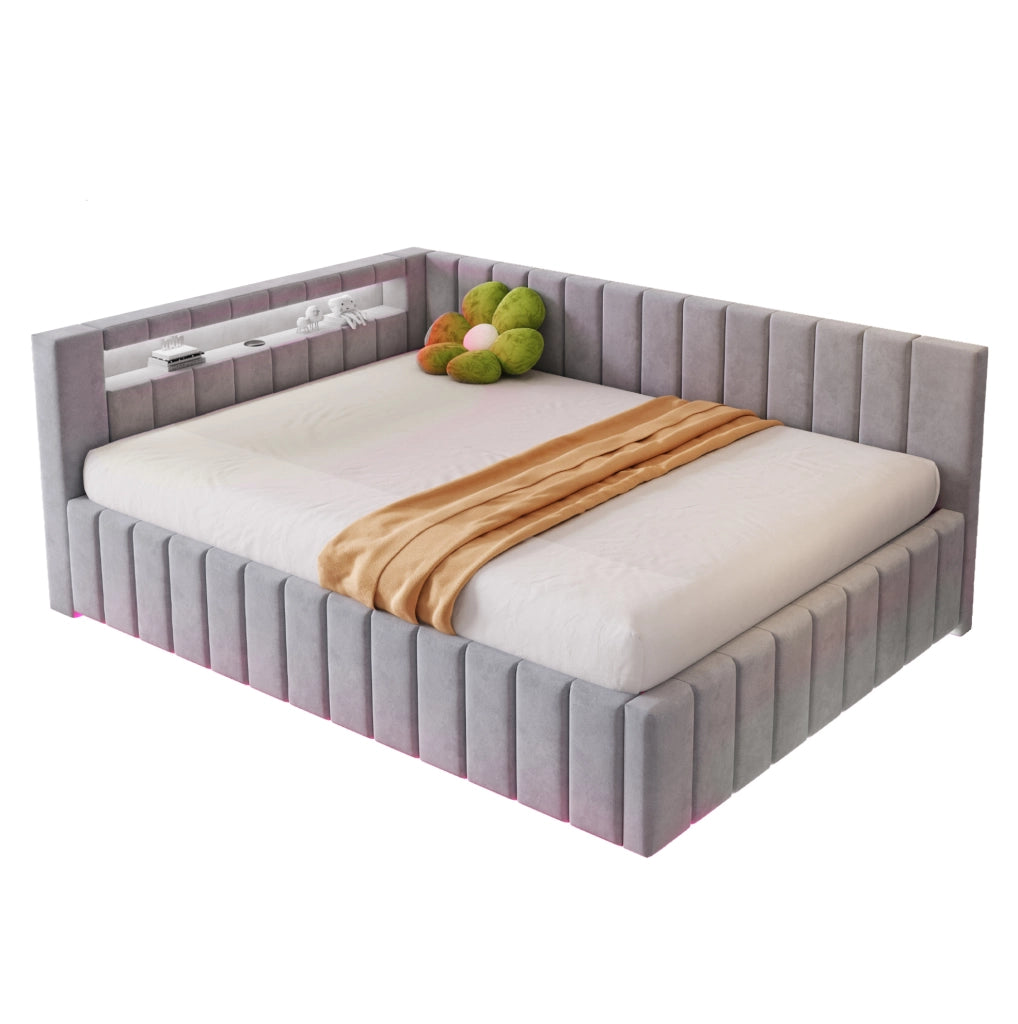 Letto imbottito 140x200 cm con contenitore idraulico, LED e USB in velluto grigio