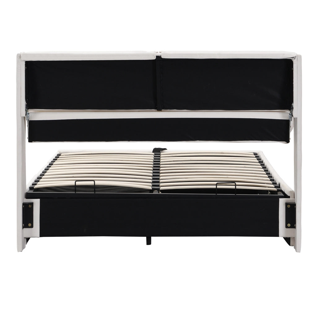 Letto 140x190 cm con contenitore idraulico, 3 cassetti e testiera in velluto beige