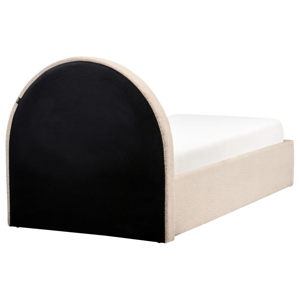 Letto singolo con testiera semicircolare in bouclé beige 90x200 cm base a doghe Testiera a Mezza Luna con contenitore