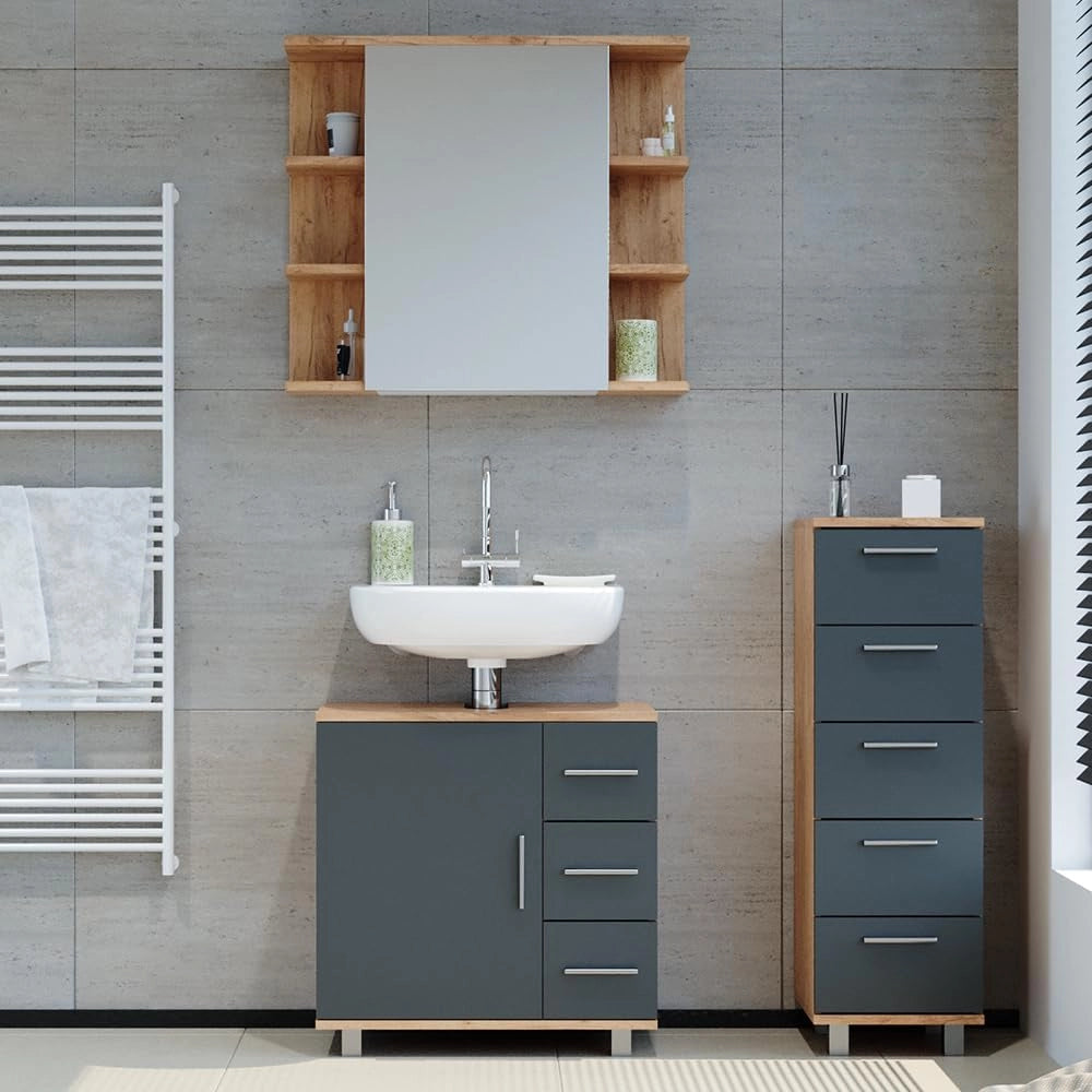 Set mobili bagno Ilias, Rovere, 60 cm, composto da mobile sottolavabo, specchiera e mobile medio