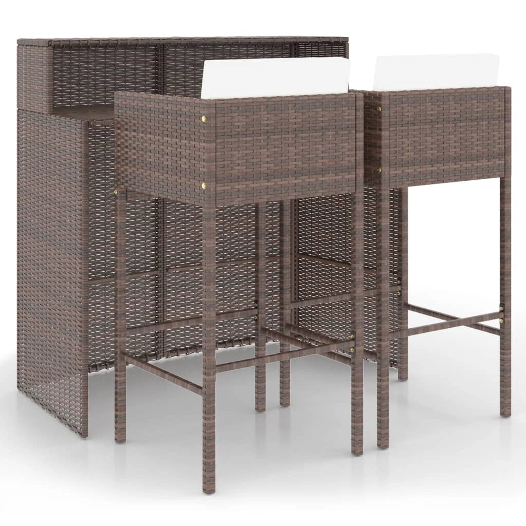 Mobile bar da giardino in 3 pezzi e cuscini in resina intrecciata marrone 02_0014516