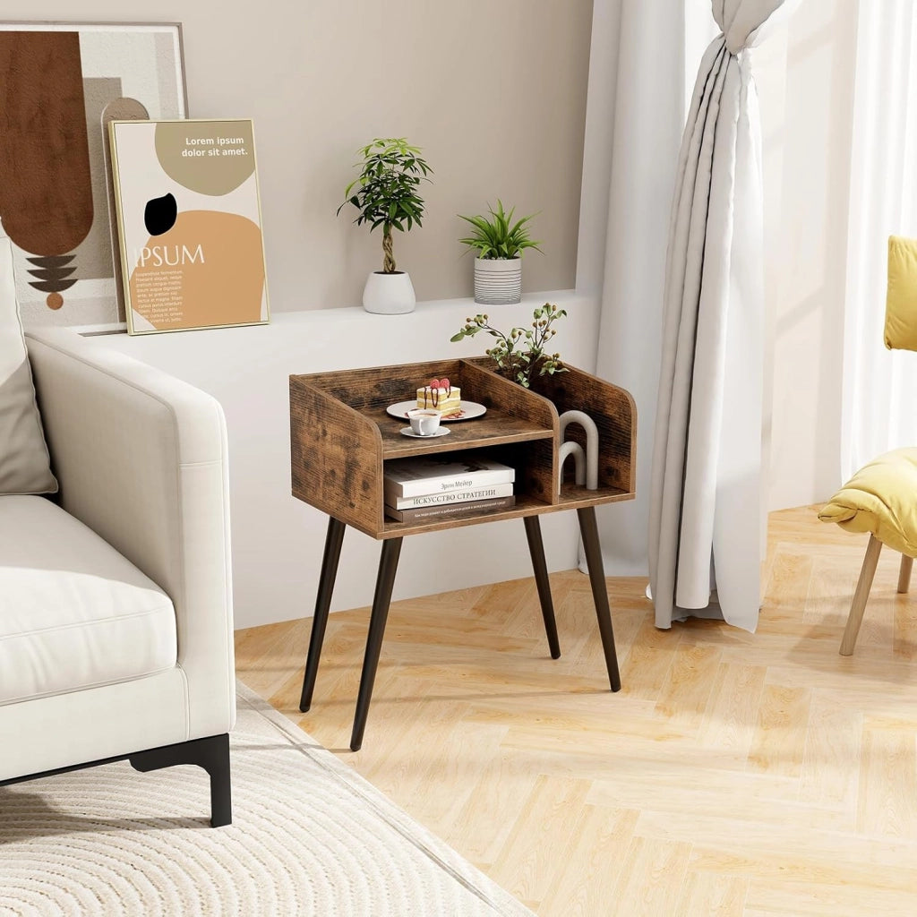 Comodino 50 x 32 x 58cm, Tavolino Moderno con Mensole Aperte, Gambe in Metallo e Poggiapiedi Regolabili, Comò Ideale per Soggiorno e Camera da Letto (Marrone,1)