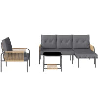 Salotto da Giardino 4 Pezzi in Rattan con Divano, Chaise Longue, Poltrona e Tavolino con Cuscini, Grigio