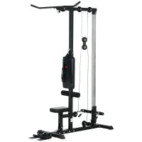 Stazione Fitness Multifunzione con Lat Machine, Sedile Regolabile e Supporto per Dischi, Nero