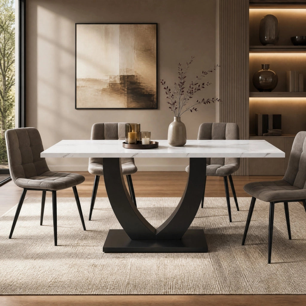 TAVOLO DA PRANZO 140x75,5 cm Effetto Marmo Bianco/Nero in MDF e Metallo