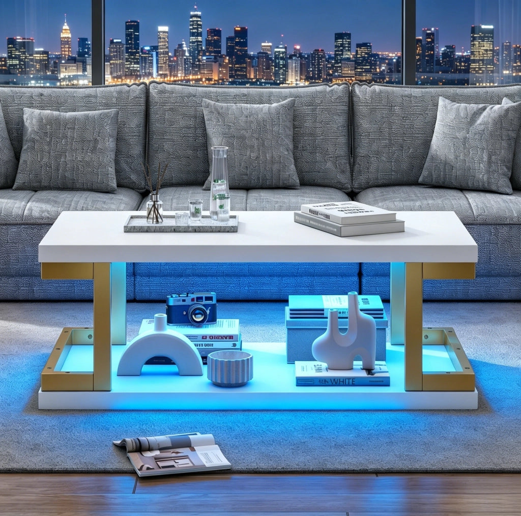 Tavolino da caffè LED bianco e oro 100x50x37,5 cm in MDF e metallo