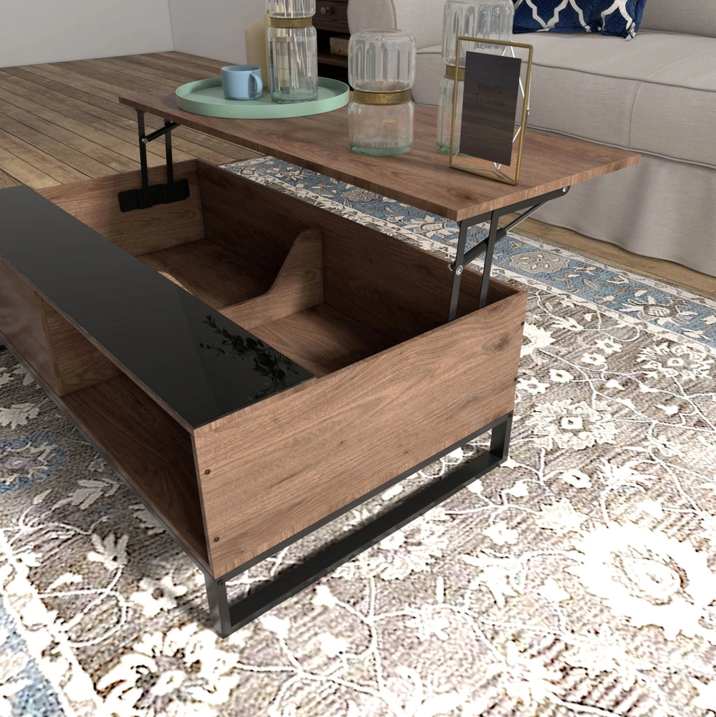 Tavolino da caffè elevabile 102x58x35.5 cm con vano contenitore in compensato noce