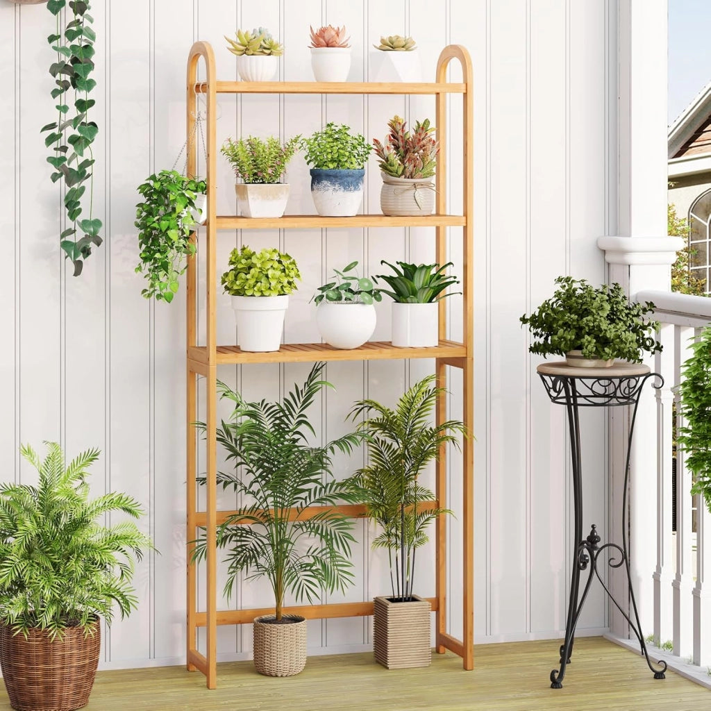 Scaffale Bagno Salvaspazio 71,5 x 25 x 166 cm, Mobile Sopra Lavatrice in Bambù a 3 Livelli con Ripiani a 5 Posizioni, 3 Ganci e Barra Inferiore, Porta Piante da Interno e Esterno
