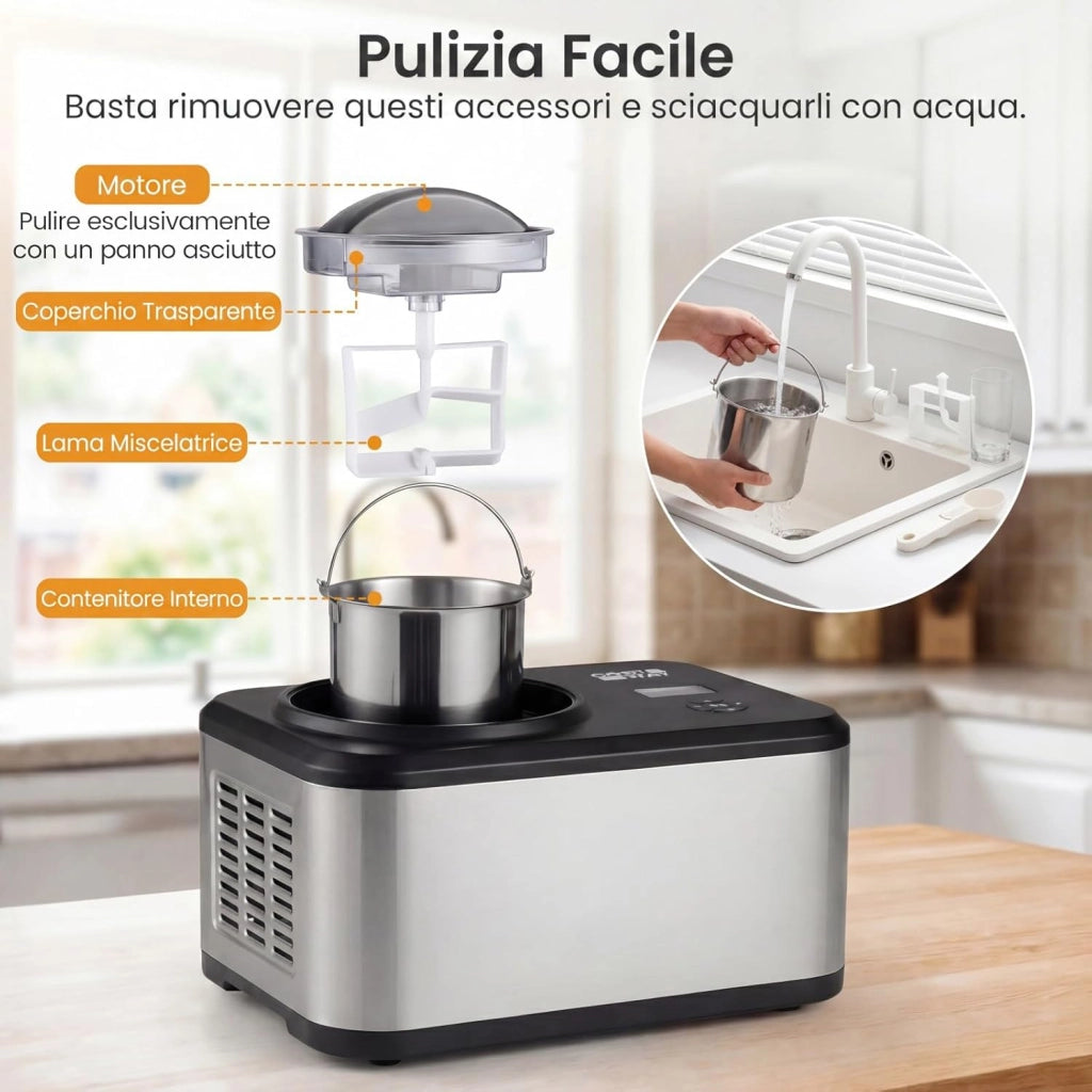 Gelatiera con Compressore 1,5 L, Macchina del Gelato con 4 Modalità, Display LED, Timer 24 Ore e Ciotola Rimovibile, Gelatiera Autorefrigerante in Acciaio Inox per Gelato, Yogurt e Sorbetto