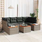Set di Divani da Giardino da 7 Pezzi con Cuscini Grigi in Rattan Poly Acacia