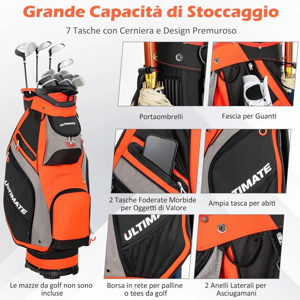 Borsa da Golf Portatile con 14 Divisori Superiori a Tutta Lunghezza, 7 Tasche con Cerniera, Cappuccio Antipioggia, Tracolla, Manico e Portaombrelli, Ideale per Uomini e Donne (Rosso e Grigio)