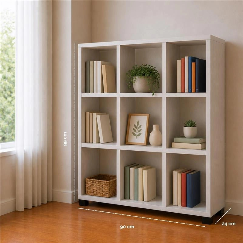 LIBRERIA CUBICA IN LEGNO BIANCO MODERNA CON 9 RIPIANI DIMENSIONI  90X24X99 CM