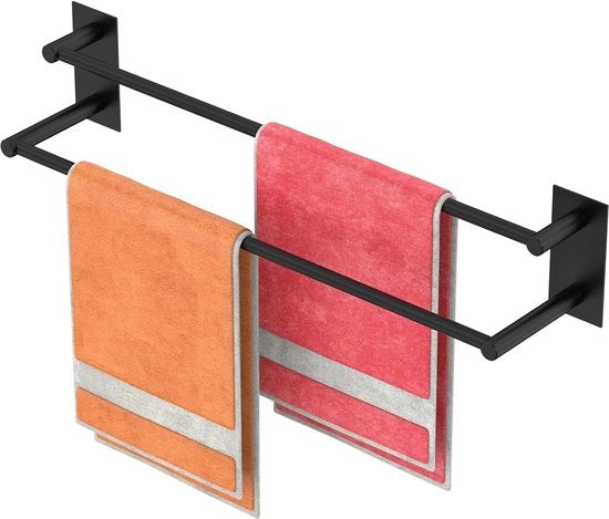 Maniglione per asciugamani autoadesivo da applicare al muro - Doppio supporto per asciugamani in acciaio inossidabile 304 - Bagno e cucina - Resistente alla ruggine e alle abrasioni - 55 cm Nero Maniglione per asciugamani