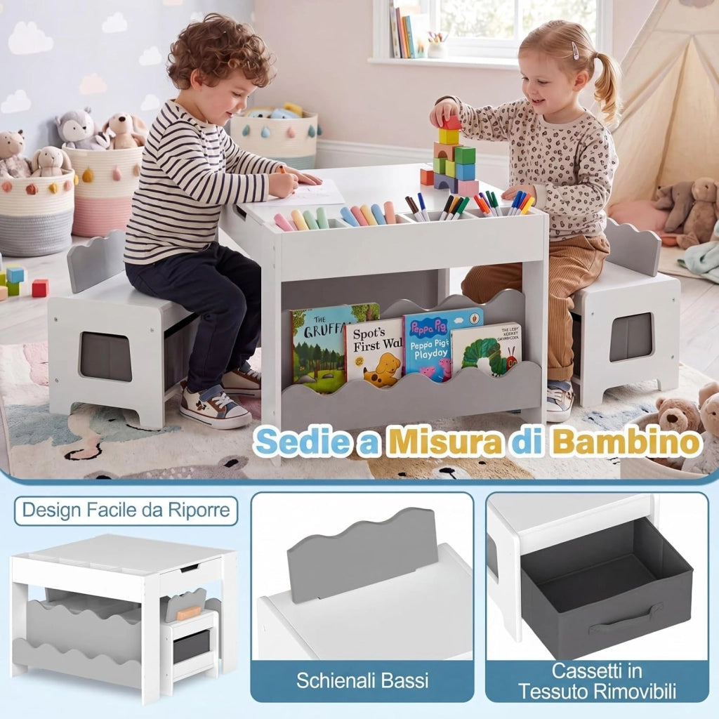 4 in 1 Set Tavolo e 2 Sedie per Bambini 3+ Anni (Grigio e Bianco) | Tavolo e Sedie con Lavagna Rimovibile, Sedia con Cassetto in Tessuto, Mobile in Legno Versatile per Cameretta e Soggiorno