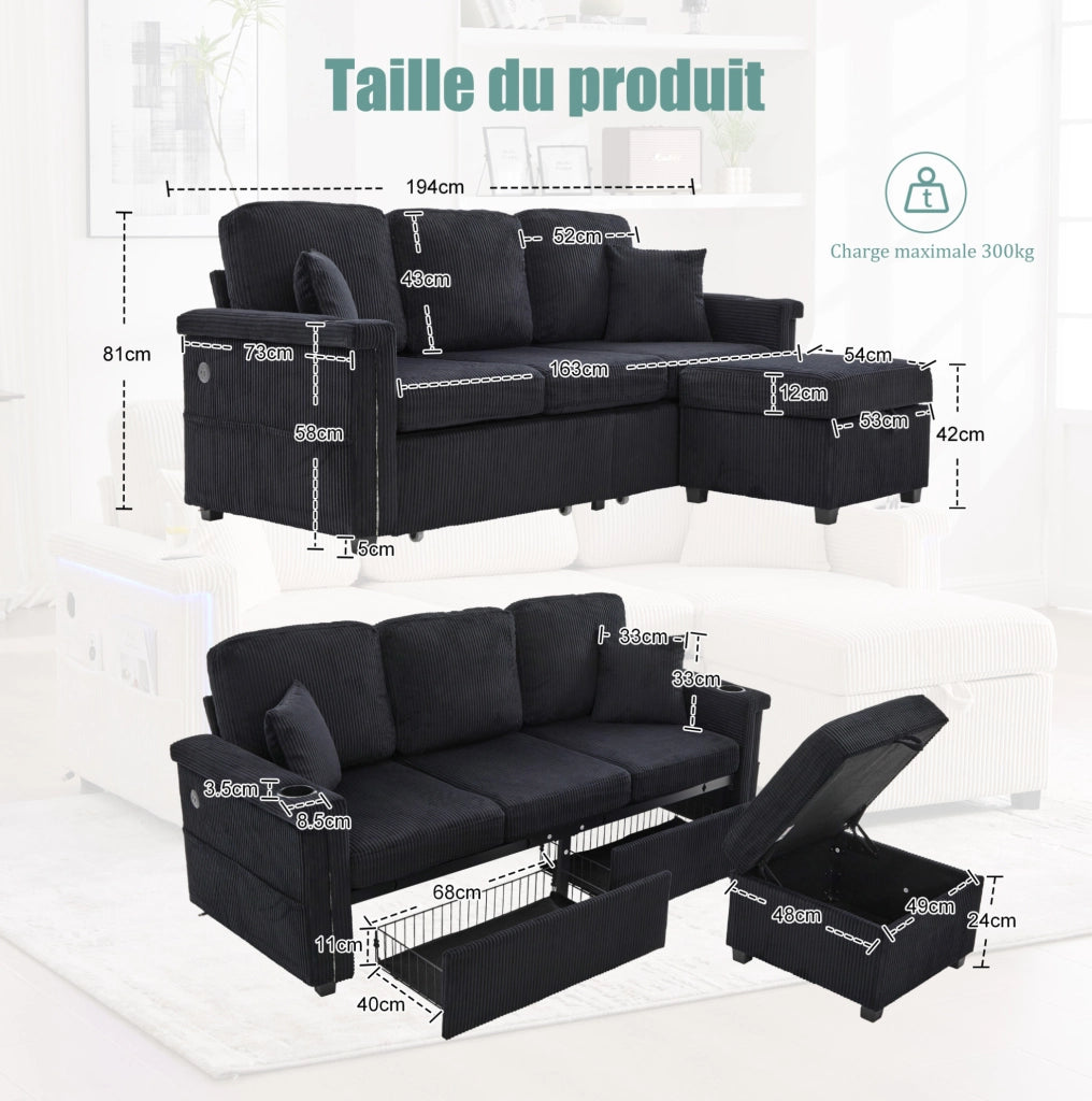 Divano 194x73x81 cm con LED; USB/TYPEC; tasche e cassetti; in velluto a coste nero