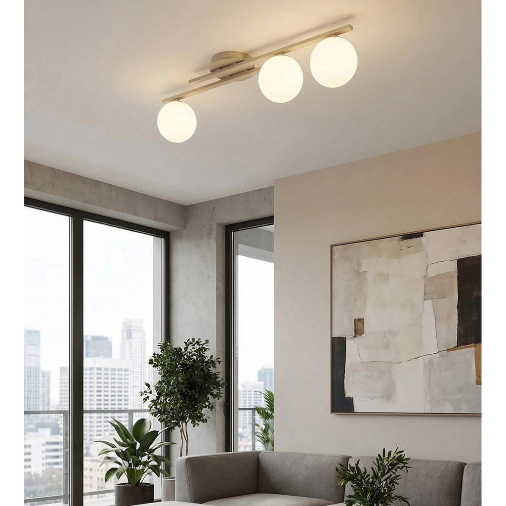 Lampada a sospensione Kairo in acciaio beige e vetro opale