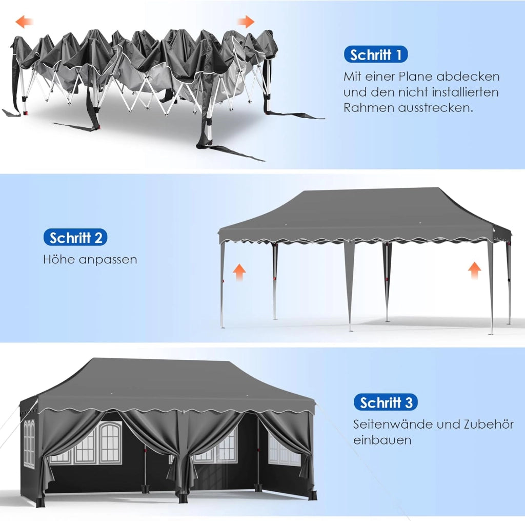 Gazebo 3x6 Pieghevole Impermeabile Esterno Con 6 Pareti Laterali, Tenda Protezione UV 50+, 12 Chiodi Rettificati e 6 Corde - Per Campeggio/Matrimoni, Grigio