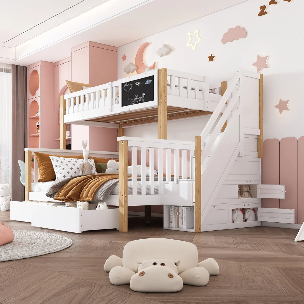 Letto a castello multifunzionale per bambini con lavagna e cassetti, bianco e rovere chiaro, 90x200 cm + 140x200 cm