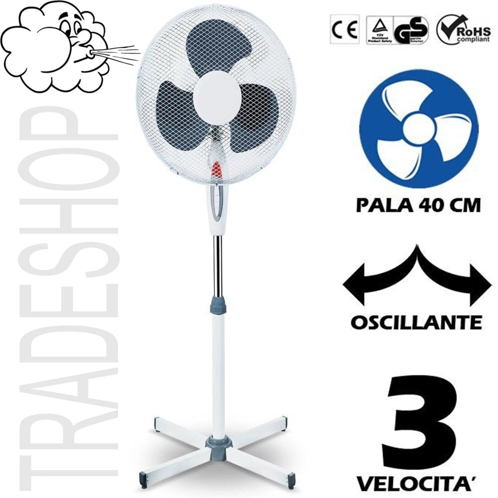 Trade Shop - Ventilatore A Piantana Oscillante Pala 40cm 3 Velocità Base A Croce 45w Colorato -