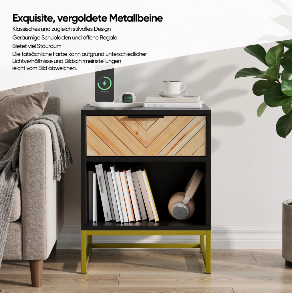 Comodino moderno in MDF nero e naturale con cassetto