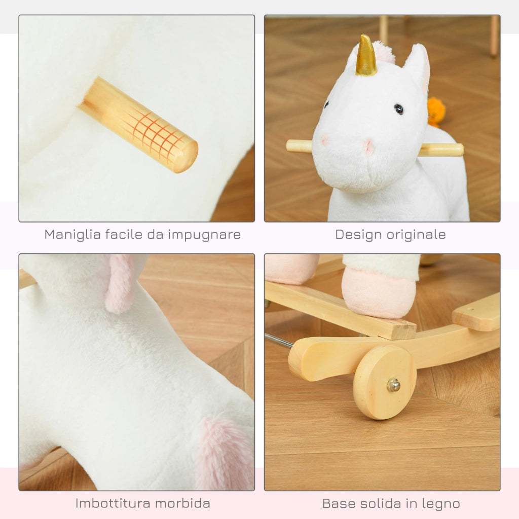 Cavallo a Dondolo Unicorno per Bambini in Legno e Peluche Unicorno Bianco