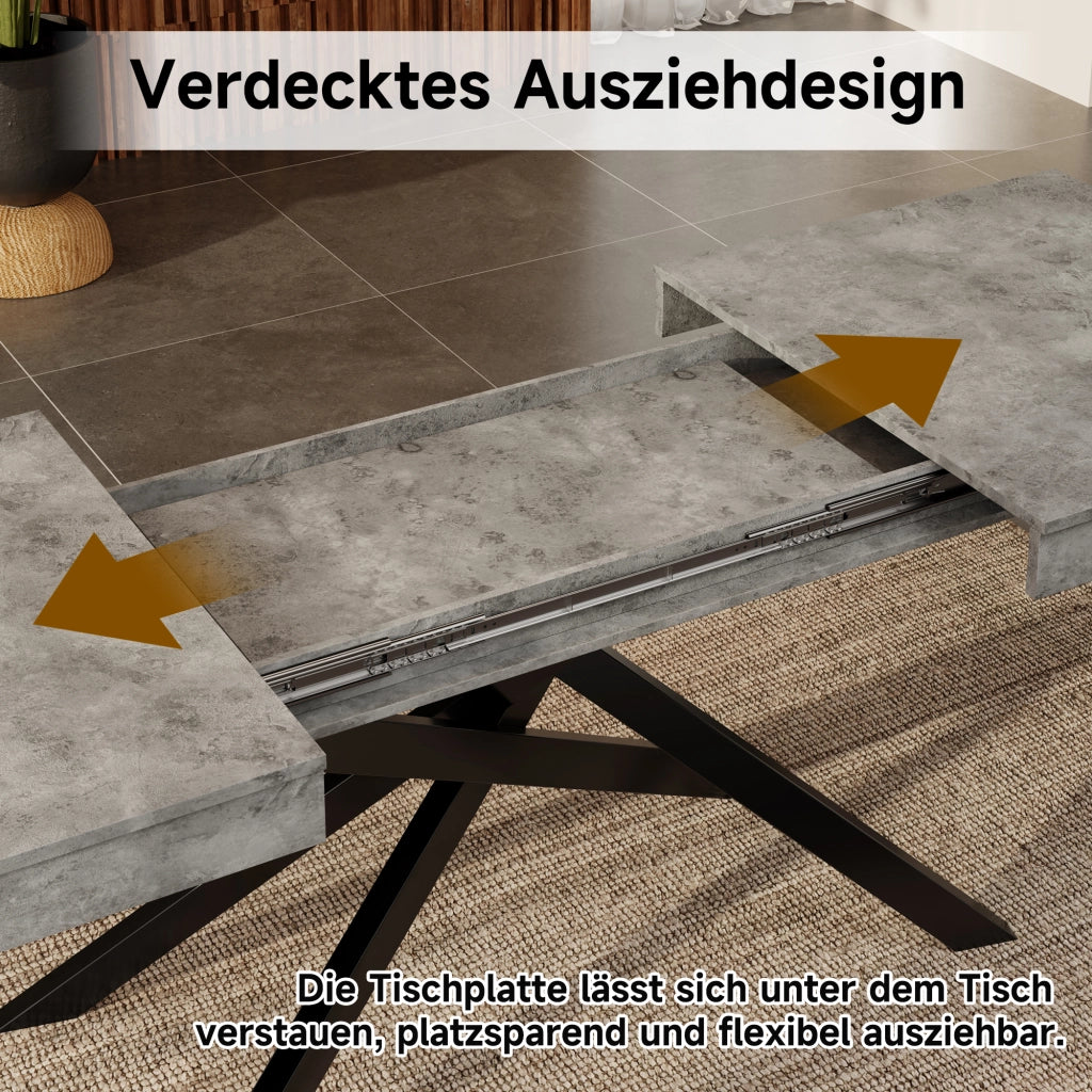 Tavolo allungabile rettangolare in MDF grigio per 6-8 persone con piano spesso e gambe incrociate 180 × 80 × 76 cm