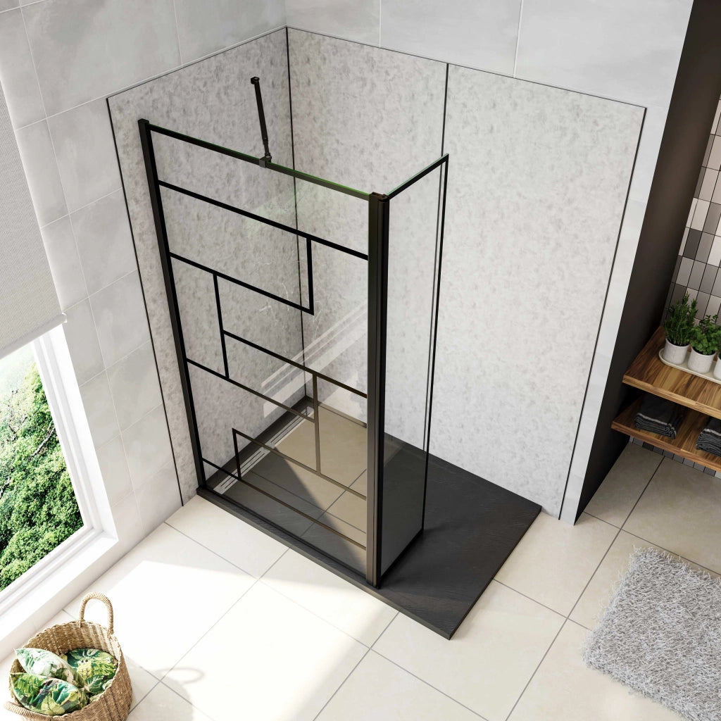 Box Doccia Walk in 150x200cm Parete Fissa 120cm + Paretina 30cm Vetro 8 mm Temperato Anticalcare Serigrafato Nero Riquadri Barra Stabilizzatrice 73-120cm
