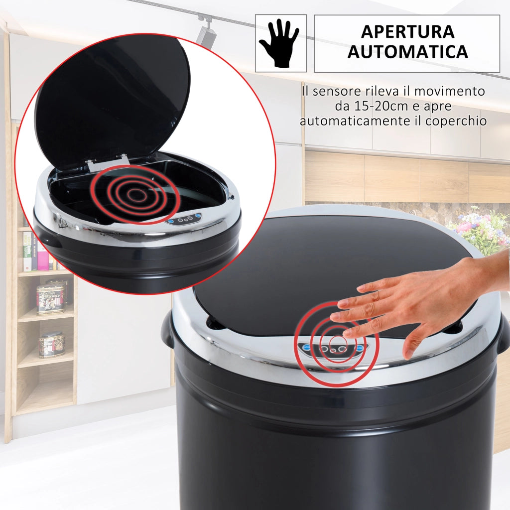 Pattumiera Automatica con Sensore a Infrarossi e Capacit¨¤ 50L, Pattumiera Cucina in Acciaio e Plastica, Nero, 30.5x30.5x81.5cm