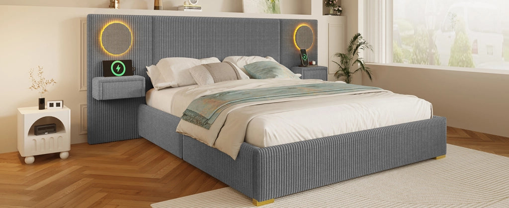 Letto imbottito 180 × 200 cm con testiera LED, USB e cassetti laterali, senza materasso, in velluto, grigio