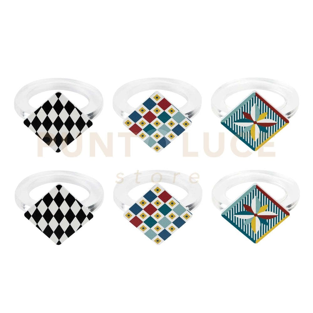 KIT ALLACCIA 6 ANELLI FERMA TOVAGLIOLI ROMBO IN CRISTALLO ACRILICO DECORATO FOULARD